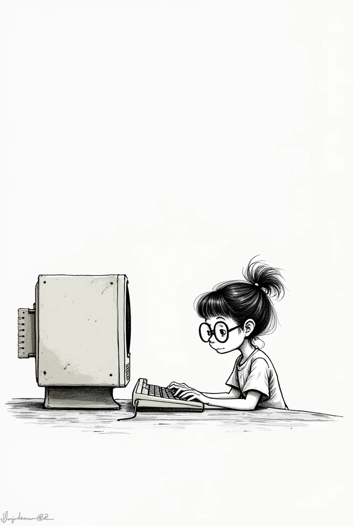 Draw a simple black and white drawing of a girl with big eyeglasses typing on an old style computer