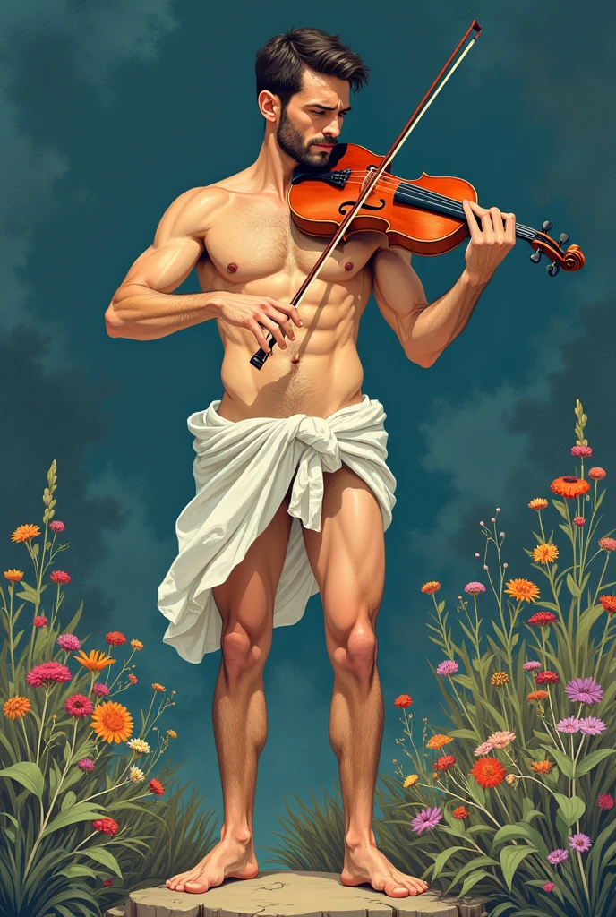 illustration that evoke stoicism men from 25 years old, shirtless, barefoot, strong, slim body Importance of Reason Style: Scientific realism, with a focus on detail and precision. Color palette: Cool, neutral tones (navy blue, gray, white) to convey clarity and objectivity. Expression: A concentrated and determined gaze, brow slightly furrowed in thought. Setting: A multicolor garden with a young strong handsomen man standing playing the violin