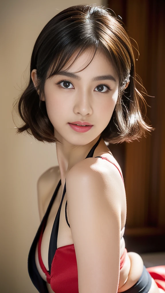 (((32k,high details,high detail、masterpiece,attention to detail,Full body Esbian,alone))),Raw photo & realistic atmosphere,beautiful dark blue eyes,detailed mouth,glossy lips,thin eyebrows,fine eyes、Soft white skin that shines in every detail、her deep blue eyes are so beautiful,lip details、very beautiful face,very well-shaped face、lifelike face,shining beautiful lips,beautiful eyebrows,infinite reality, Realistic Like Hand Gravure Idol,very cute high school girl, , Like Sensual Gravure Idol, Like Hand Gravure Idol, very beautiful and cute17 year old beautiful girl,with a flushed face,incredibly beautiful and classy17 year old beautiful girl,natural soft light,(black shiny hair,,barefoot,Beautiful and kind eyes:1.5),(like々beauty,Heavy wear,exposed thighs,Thighs protruding from the hakama,gentle smile,well-shaped chest,,immature body,Japan samurai kimono,Japanese style berry short hair,Let your hair hang high and tie it up,beautiful posture,Rear view,backwards,no makeup,woman samurai,female swordsman,stare into the distance,(random clothes color),Japanese pattern haori,Japanese style hair accessories,cleavage,Well good,underboob bikini:1.6),
20-year-old, 1 person, (Half Japanese and German woman), The face of a famous Japanese actress,
Supple body :1.3, model body shape:1.5, perfect style:1.4,
narrow shoulders, beautiful clavicle, long and thin legs,
delicate body shape, Slim abdominal beauty :1.2, thin waist :1.2,
super detailed face, super detailed chest, super detailed skin, Fair skin, Shiny skin,
slim facial contour, beautiful small face, Beautiful lined nose,
super detailed eyes, long slit eyes, brown eyes, double eyelid, Beautiful thin eyebrows, fine long eyelashes,
super detailed lips, plump lips, glossy pink lips, flushed cheeks, White teeth,
Beautiful actress's ennui makeup, pink lipstick,
dark brown hair, Delicate soft hair,
(hair up, medium short hair, ponytail:1.2),
layer cut, (dull bangs:1.2),
(stylish looking earrings,necklace,bracelet,s