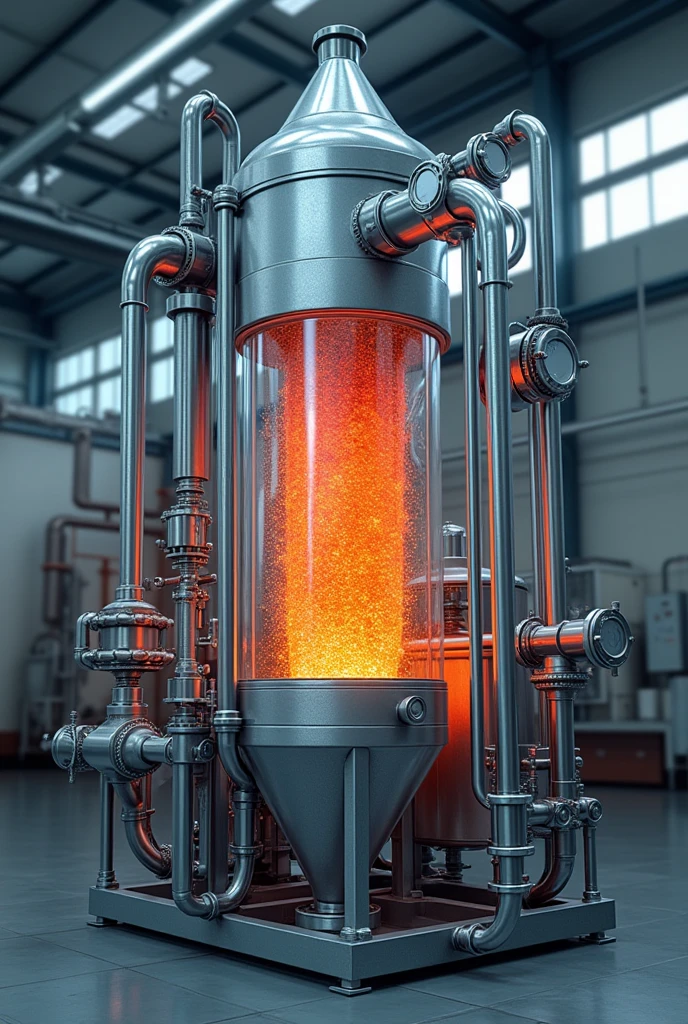 a calandria type evaporator with agitation in real operation, external and internal visualization, Complete equipment, hot fluid and cold fluid with very clear details
