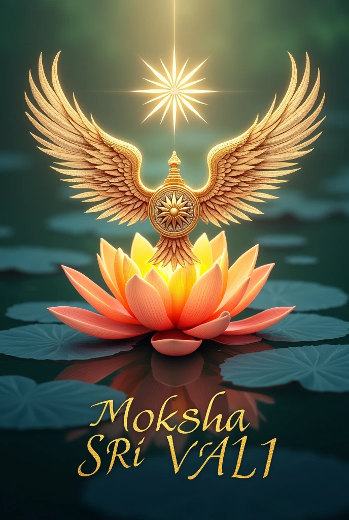 Using Indian flag Ashok chakra with wings on lotus flower below the beautiful name Moksha Sri Valli