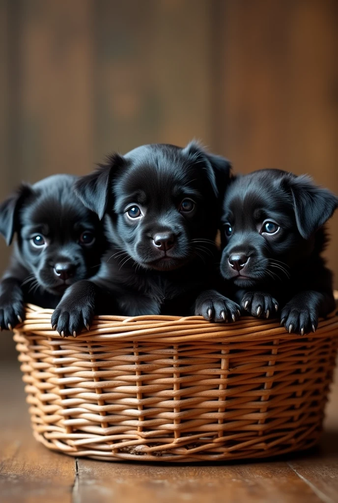 a basket full of little black dogs

