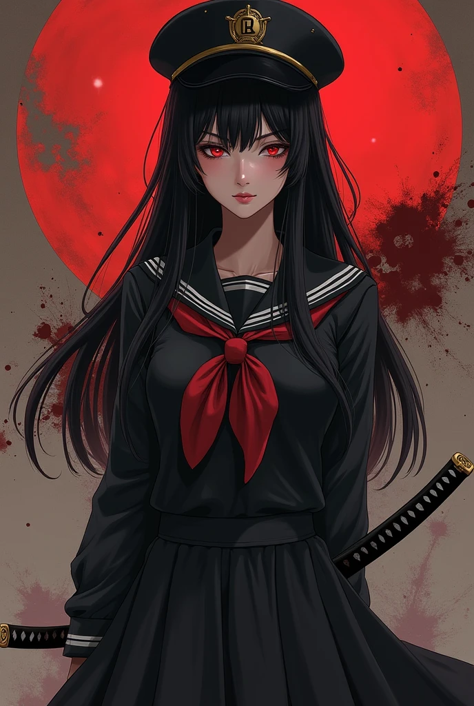 (photorealism:1.2), woman,Himecut,Straight-Black-hair,Long-hair,black-Japanese-sailor-school-uniform,Red-eyes,black-hat,Sharp-eyes, Striaght,carries a katana strapped to her hip,High school,tall,beautiful,realistic,elegant,badass, adult,A background of a corpse that has been slashed.