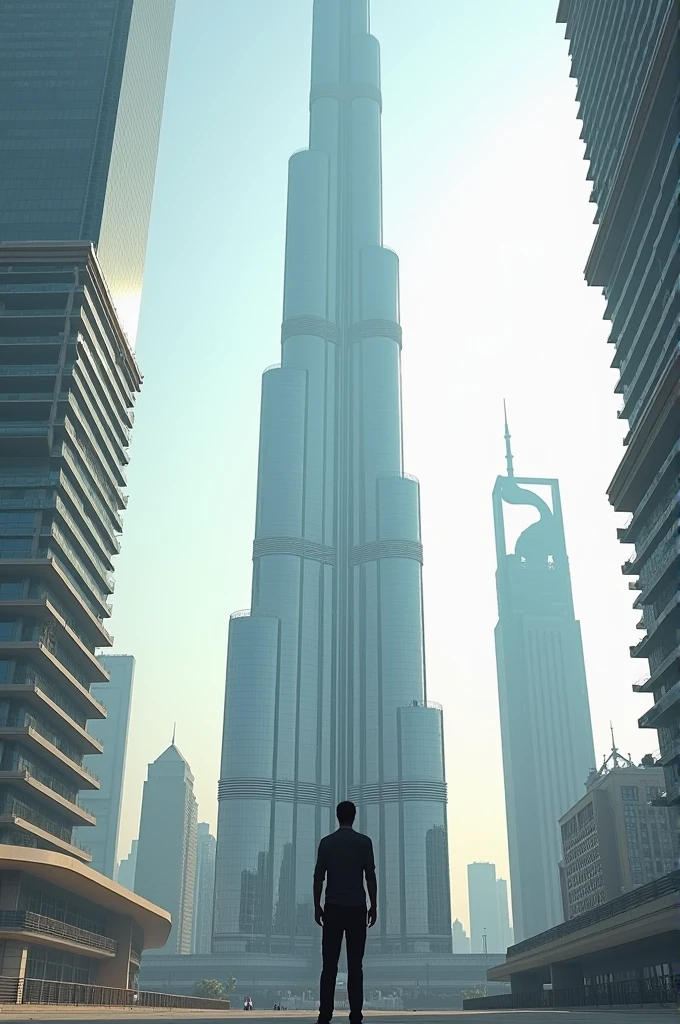 Standing human on front of tallest building Burj kalifa