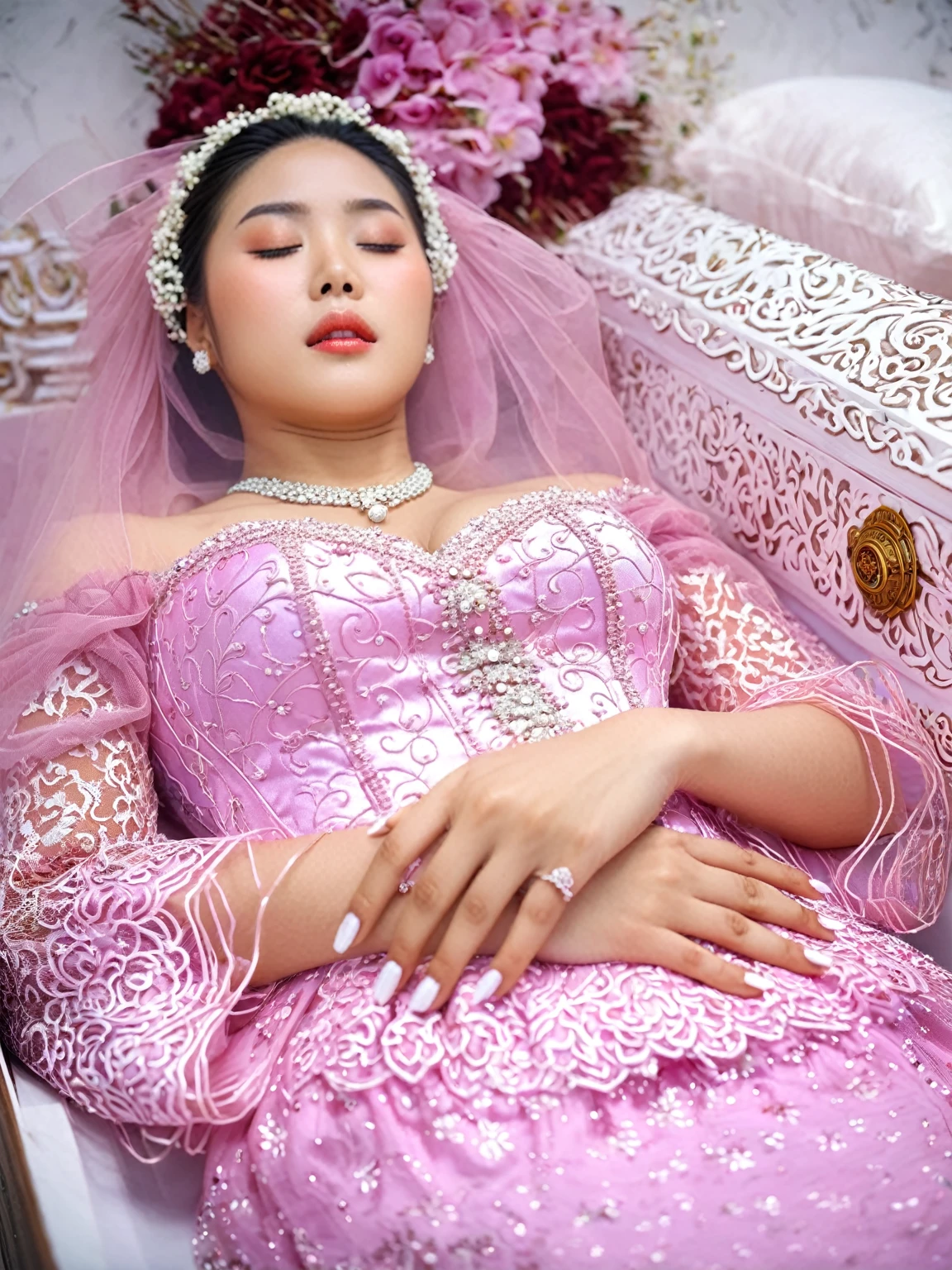 In a striking 8K HDR scene, a stunning Korean woman, 22 years old, lies peacefully in a long coffin and coffin lid beside the dead body. surrounded by plush pillows behind head. The deep box is set against a rich white background, accentuating the beauty of the subject. Her exquisite deep-V neckline kebaya attire is embroidered with superb detail, showcasing her round and firm breasts, perfect cleavage, and beautiful eyebrows. Her closed eyes and mouth give an air of serenity, while her visible and absolute cleavage leave nothing to imagination. The scene is bathed in saturated colors, highlighting every intricate aspect from the ball skirt to her clean face, straight body, detailed hand perfect hands, straight body, own hands together, own hand on stomach, detailed hands, perfect hands, holding the flowers