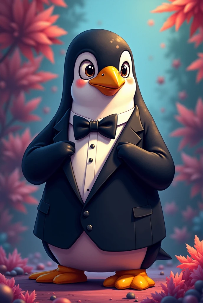 Tux suit adjusting tie. Tux is the penguin of Linux. colorfully