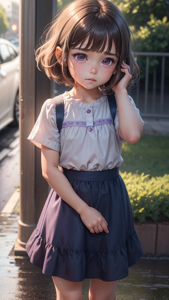 {{masterpiece, best quality, extremely detailed CG, unity 8k wallpaper}}, a cute 5  girl, bob cut hair style, light brown hair color, swept bangs, purple shirt, navy blue skirt, purple eyes, extremely sadness and super crying in the rain 