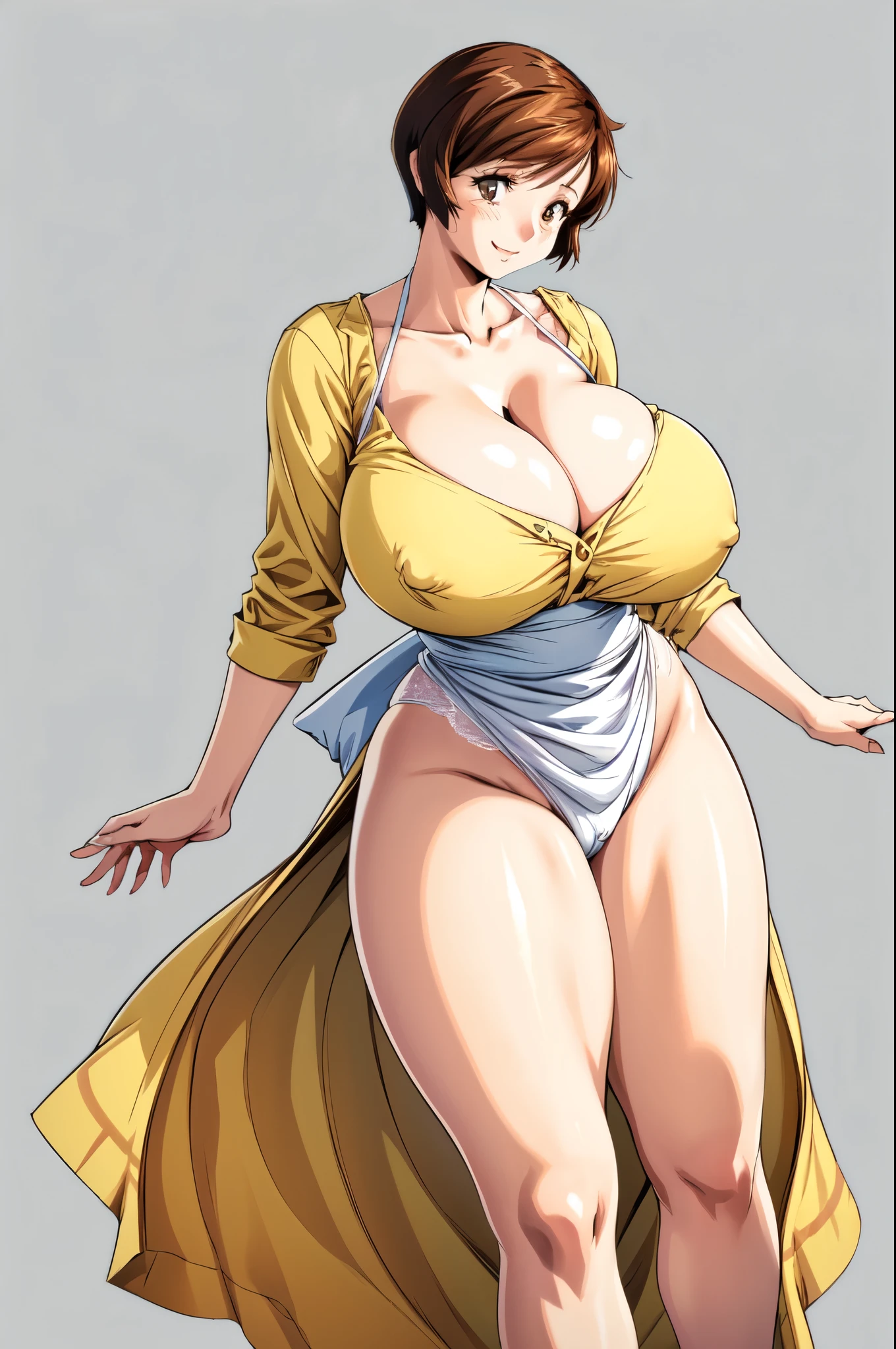 masterpiece, Highest quality, High resolution, One girl, alone, sexual intercourse, Pornographic images, short hair, etsukoto, Brown eyes, fine grain, fine grain, (white skin color), (((Thick thighs, Plump thighs, Voluptuous thighs, Thighs alone are enough))), ((Huge and enough breasts, Cleavage, Big long breasts)), Naughty big,((Big breasts are important))、((Naughty thighs)), L Cup, (thin:1.4),(Tight waist:1.4), (Yellow Dress:1.4), ((white waist apron)), White panties, (((Simple Background))), smile, Open your mouth, ((Wide Hips)), (Shiny skin, Oily skin), Mature mother, Calf, Seductive mature woman, Mature Woman, Perfect body, Plus Size Model, Curvy, enough, etsukoto, blush, clavicle, retro artstyle, 1990s (style), (Thick thighs:1.4), (from side:0.9), (standing), (((spread legs))), ((bare legs)), full body shot,