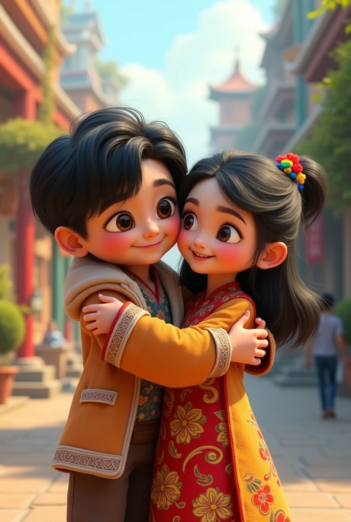 Aminated indian boy hugging a korean girl
