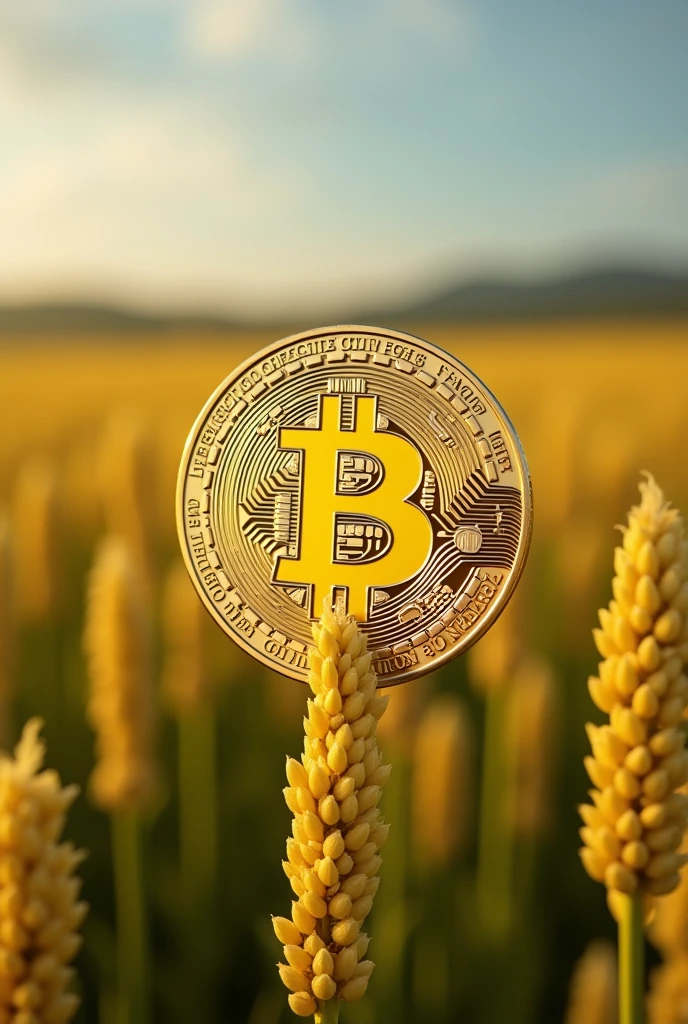 A field of quinoa and the bitcoin symbol