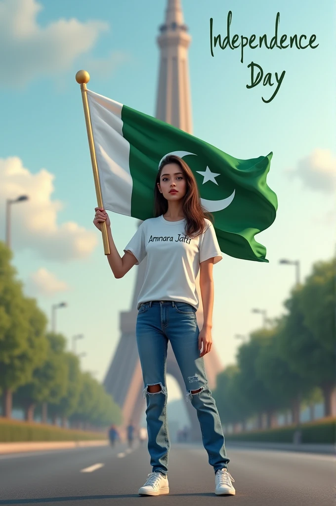 1. Generate a Realistic 20 years old girl,Wearing White T shirt blue jeans sneakers andthe nanme "ammara jutti" is written on his t-shirt andthe boy is standing on the road with holding anational flag of Pakistan, and behind him isthe Minar e Pakistan. And written on sky"Independence Day" Create Realistic imagehigh quality
