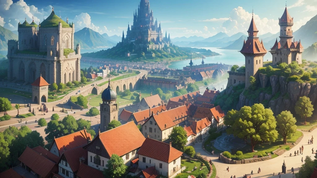 A wide shot of the kingdom of Alvoria, with a bustling town square. Let it be like beautiful city kingdom abroad, make the kingdom bold or visible
