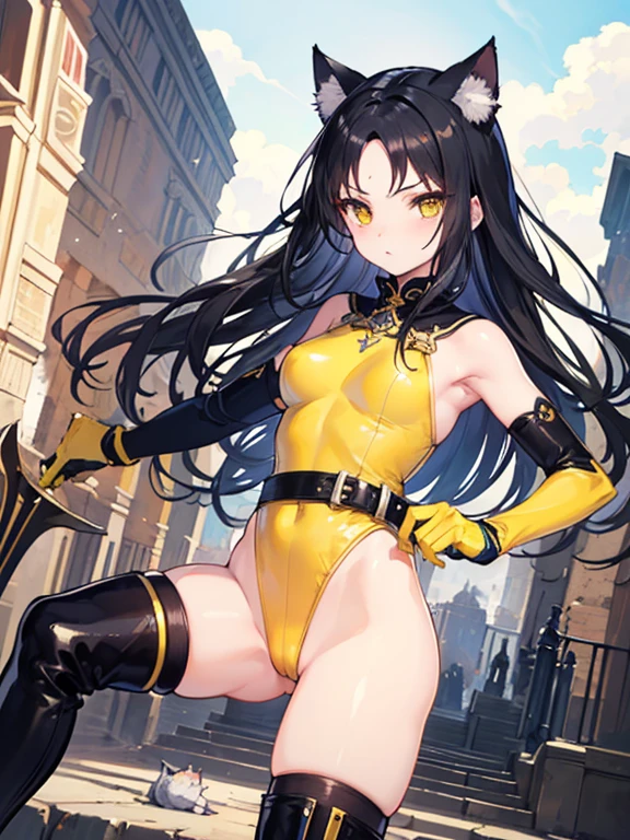 masterpiece, Highest quality, 1 girl,(Yellow leotard), Yellow Eyes, ((forehead)),Cat ear, ((Black elbow gloves)), Long Hair, Black Hair, ((Black knee-high boots)),ax,Combat Stance,Colosseum,Cowboy Shot