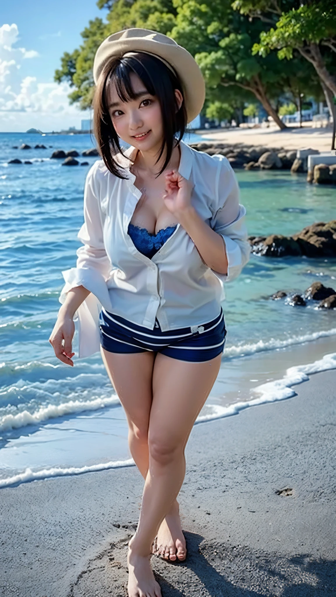 (Cute Smile、Aoi Yuki、Girl with short black hair、Cute orange hair clip)、((A white blouse clinging tightly to a blue bra、Light blue and white striped long cart))、barefoot、barefoot、((Sandy beach, sea and blue sky))、((The face is in focus and the background is blurred、Shallow depth of field))、Realistic、Standing posture、((Big Breasts、Closer valley))