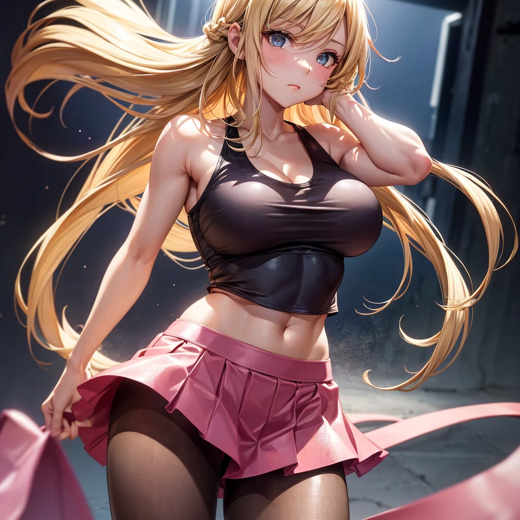 Solo, 1girl, Early 30's, long blonde hair, large heavy breasts, slender toned build, pink tank top (braless), short leather skirt, pantyhose, standing, reaching out, legs parted, eye contact, cowboy shot, close up