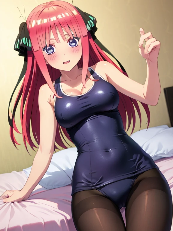 best quality, insanely detailed, nino nakano, breasts, blush, bedroom background, looking at viewer, one-piece swimsuit, cheerful eye, pantyhose