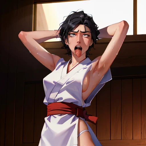 ((((masterpiece, best quality, high resolution)))), Extremely detailed 8K, 1 female, wearing a white Karate gi, (ahegao),white eyes, Small breasts, sash, japanese clothes, No underwear,No eyeballs, Facing the audience, looking at the audience, tired, from below, (Exposed armpit:1.1), ((armpit:1.2)), sexy, Sweating, More and more sweat,(ahegao), (Roll your eyes), open mouth, Sticking out tongue, saliva, Slobber,Skinny, raise arms, (arms above head:1.5)(Ultra HD, Ultra-detailed, Highly detailed, Highly realistic, Ultra-realistic, photograph realistic), (1girl:1.5), (Realistic black hair), (dynamic poses), facing at camera, looking at viewer, (slightly serious face), (perky breasts:1.2), (beautiful detailed face, beautiful detailed eyes), ((worn out karate gi)), (preparing for a fight), sweat, glow, (sunbeam, sunlight), ((cowboy shot)), inside a training gym, seductive, EnvyBetterHands LoCon,