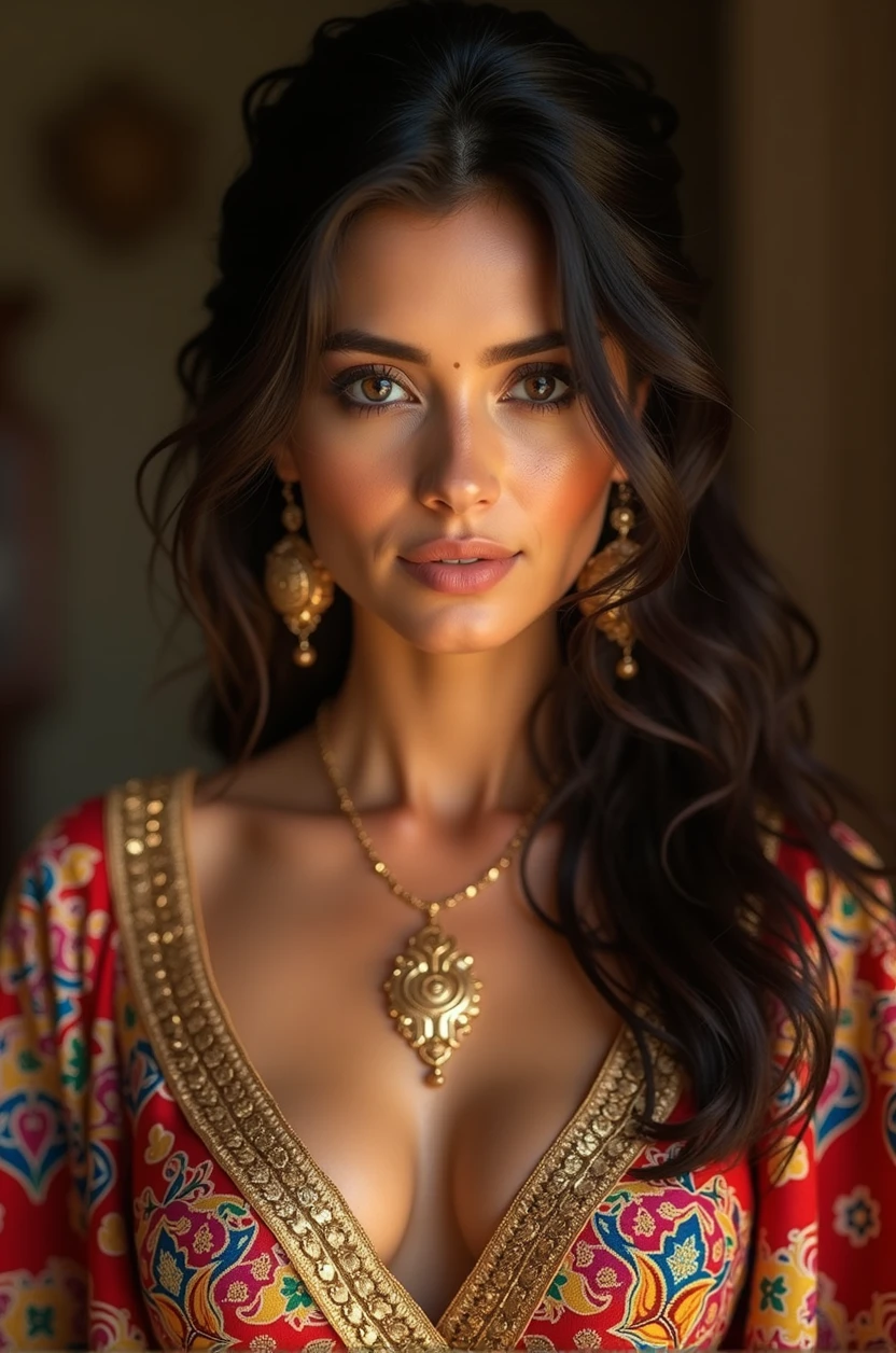 A beautiful Moroccan girl, dark brown eyes, 26 years old, almond shaped eyes, oval face shape, wavy hair, 170cm, 65kg, highly detailed face, detailed skin texture, elegant poses, colorful Moroccan dress, gold jewelry, natural lighting, dramatic shadows, warm color palette, portrait, realistic, photorealistic, 8k, masterpiece