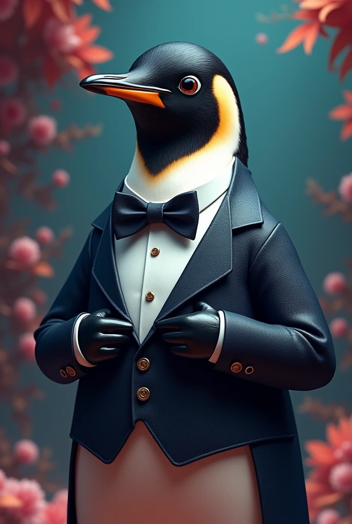 Tux suit adjusting tie. Tux is the penguin of Linux. colorfully