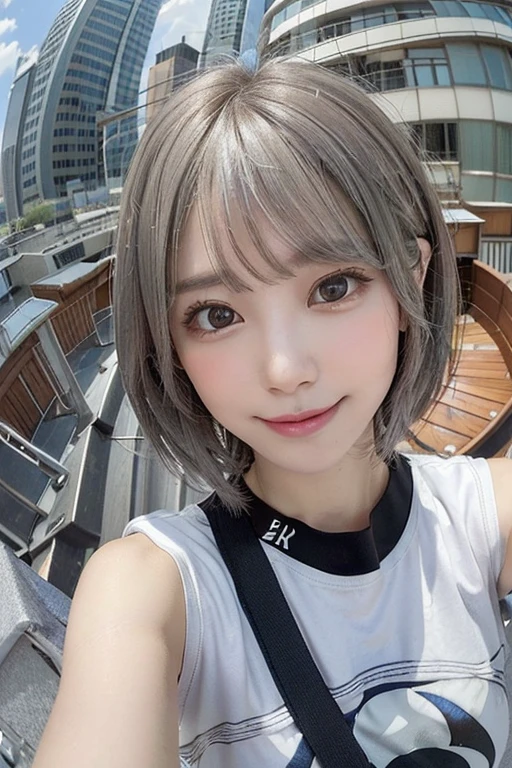 Full-body photo,(Surreal) , (Like the picture:1.4),(Increase the resolution), (8k), (Very detailed), (Beautiful and detailed), (Highest quality), (Very detailedな), (masterpiece), (wallpaper), (Detailed face), alone,1 girl, perfect beautiful japanese woman:1.4、19 years old、Looking at the audience, Subtle details, Detailed face, cloudy, Deep Shadow, 優しいsmile,((Short Hair Silver Color Mesh)),My hair is messy,look up,(T-Shirts:1.2),The background is night,Camera angle: High angle,Various poses,necklace,Pin on right ear,Attractive face, Mid-chest, Dynamic pose,One Girl,(smile, Showing teeth)),((Looking up at the audience)),Face Focus:1.4,((Taking a selfie from the rooftop using a fisheye lens:1.4)),
