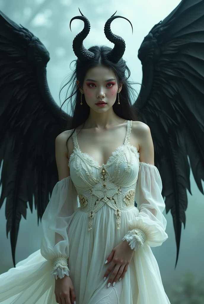Woman with black wings, horns and red eyes wearing white silk dress