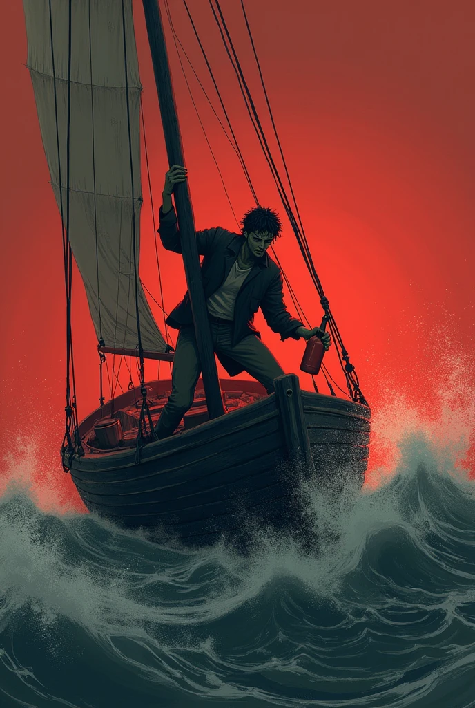 Man adrift in a boat, with a bottle in his left hand, holding on to the sail mast, with the reddish sky