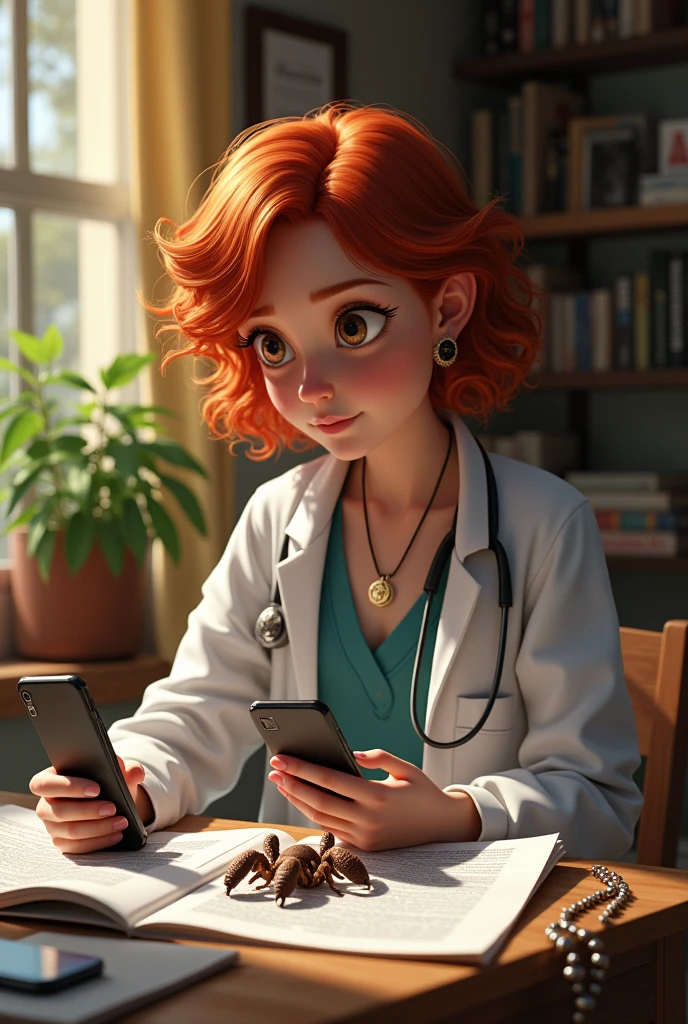 A red-haired doctor, with short curly hair, eating vegan chocolate while studying about scorpions with a rosary and a cell phone in hand