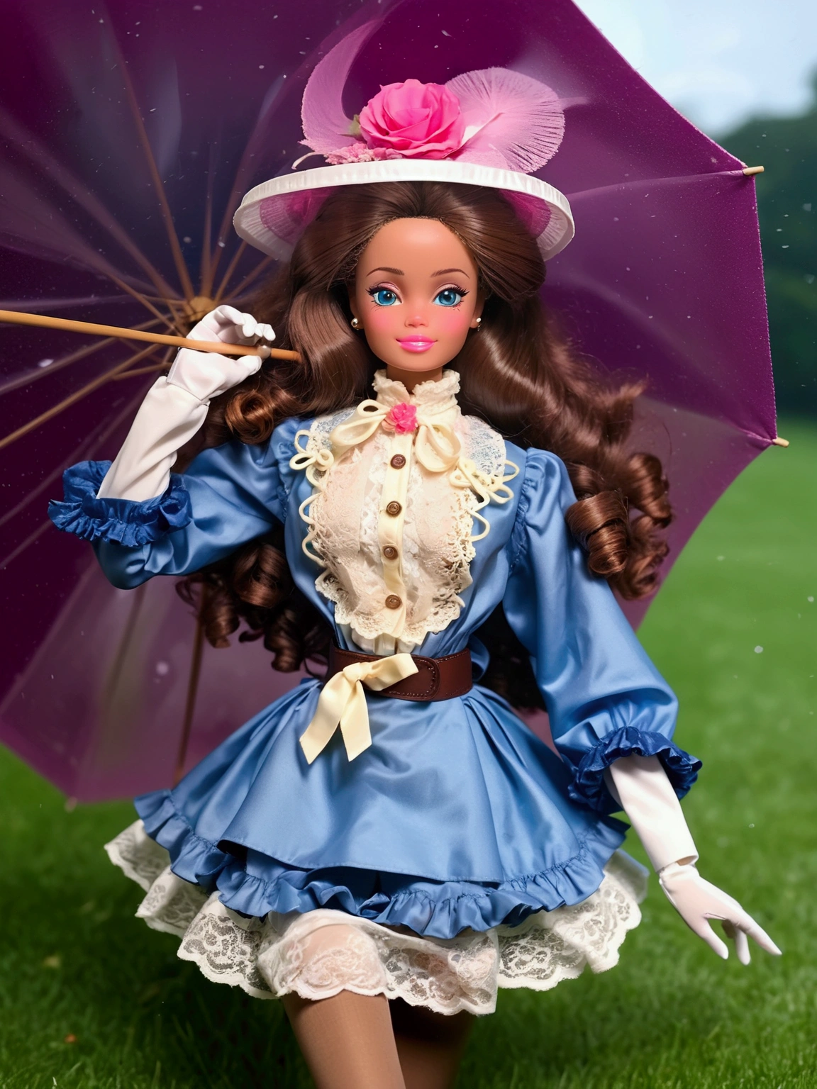 (masterpiece), (realistic), (((NSFW))). (ultra hd 8k), (realistic body proportions) Barbie as a pretty 10yo girl wearing her Victorian school uniform. Year 1895. 1890_dress. High-collar long sleeve white shirtwaist cuffed into a sash, cameo brooch, light blue shirt cloak over her shoulders, elegant straw boater hat, pink gloves, knee-high light blue skirt, petticoats, silk stockings with garters, ankle boots. Long curly brunette hair. Short skirt. Light brown skin. Delicately holding a parasol. Laying on grass, legs open. Full body