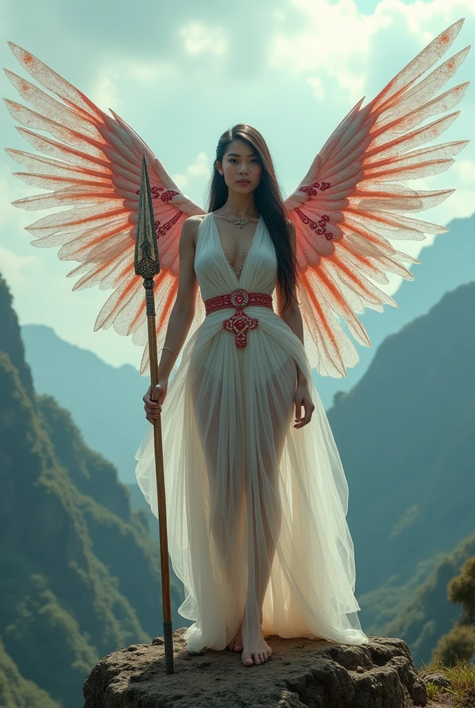 Sci-fi fantasy, cenematic, Naked, nude, topless, A woman wearing a ransparent shawl made of used plastic, large and sexy breasts, super sexy, beautiful, with wings like Indonesian garuda, holding a spear, wearing a very long white skirt with pattern red and white colour with red and white motifs, above the sky, flying on top of mountains, hovering, with a shooting angle from the front, very realistic, (complex detail: 0.9), (hdr, hyperdetail: 1.2), RAW, Sony Alpha a9 II, 24-105mm f/4, HDR, indonesian woman