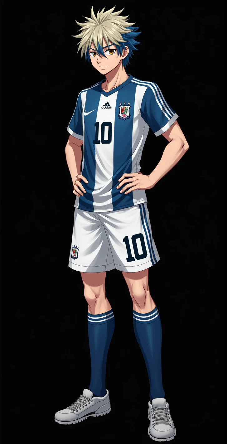 character, masculine, stocky body, Whole body, blue lock style, short blonde hair, brown eyes, jersey with the number ten, Football shirt, football shorts, low sports socks, slanted eyes, serious face, intimidating, pride, attractive, anime, 4k, White background