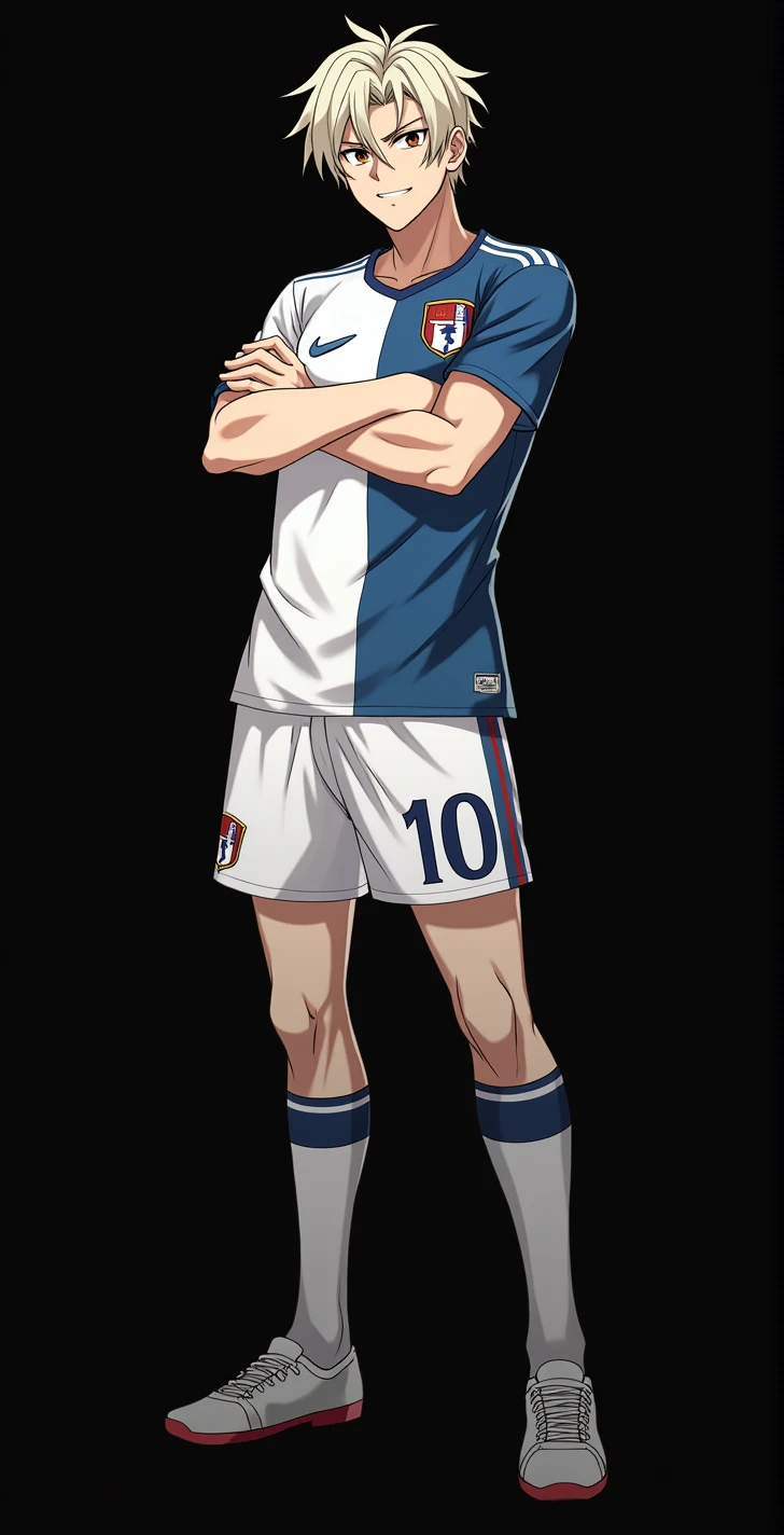 character, masculine, stocky body, Whole body, blue lock style, short blonde hair, brown eyes, jersey with the number ten, Football shirt, football shorts, low sports socks, slanted eyes, serious face, intimidating, pride, attractive, anime, 4k, White background