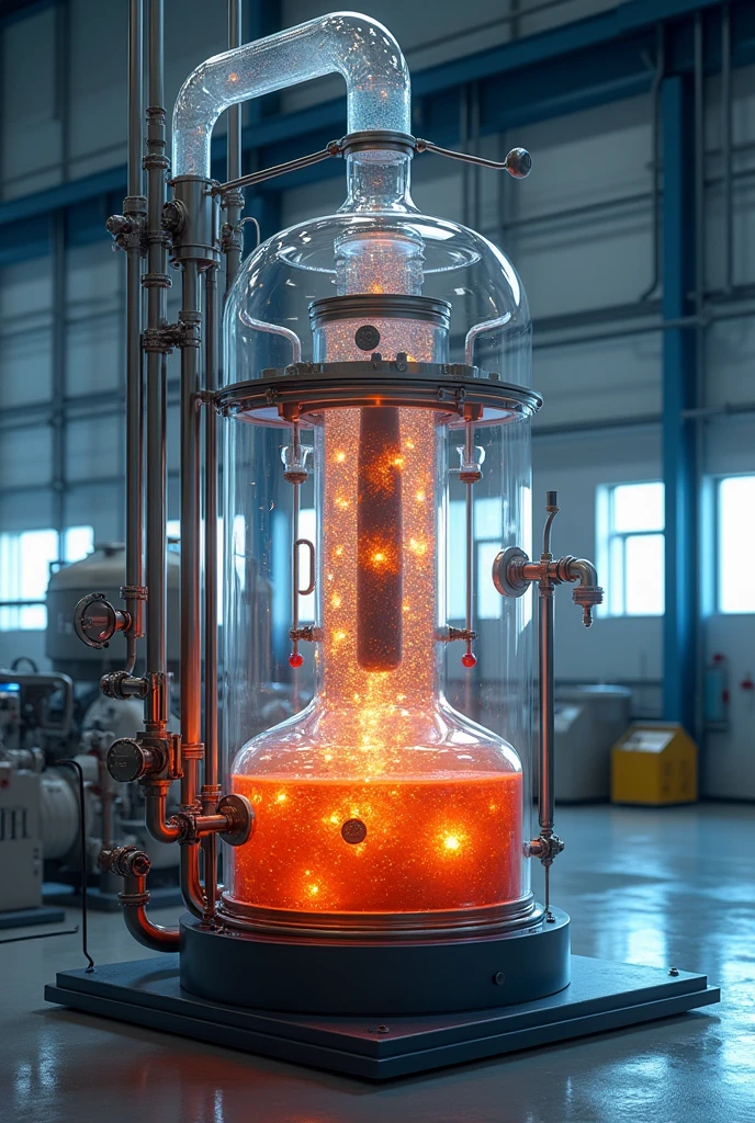 a calandria type evaporator with agitator in real operation, external and internal visualization, Complete equipment, hot fluid and cold fluid with very clear details