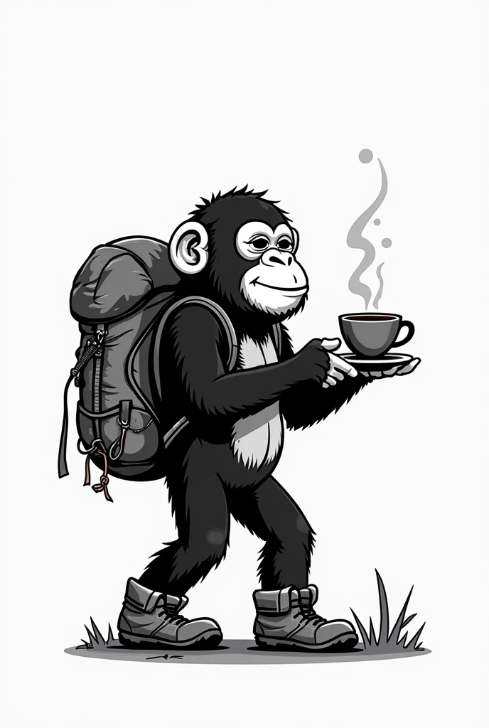 Black and white coffee-loving backpacker chimpanzee for logo
