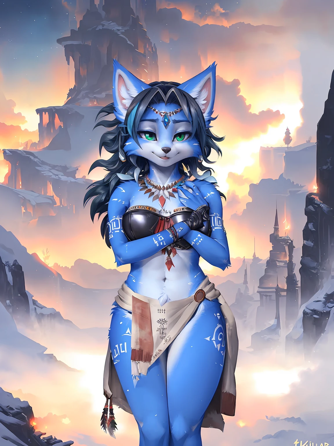 A beautiful and detailed (sweet picture) wa ((krystal)), Star Fox Krystal, sslim, lovable, green eyes, medium breasts, (((Long blue hair 1.3))),  ((Tips for black hair)), Decollete, grin, look up,, anthro, furry, Uploaded E621, detailed fluffy fur, (wa Fluff-Kevlar, Bayard Wu, personalize me, Pino Daeni), detailed face, (fluffy), 1 girl, alone, (((Tribal clothing:1.3))), ((leather breastplate)), sweet girl, alone,
