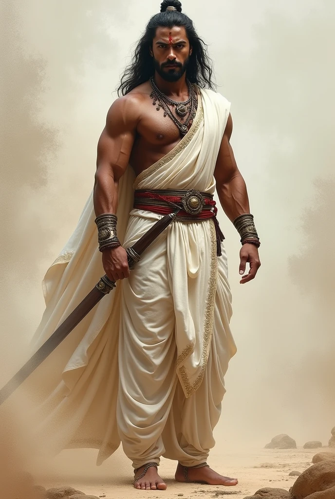 Arjuna,mahabharata, well proportioned and tall, with strong & atheletic build physique.reflects his prowess as a warrior, skilled at archery,capable of great feats of strength & agility.his complexion is fair compared to radiance of moon.handsome, sharp, royal lineage, large expressive dark eyes with full of determination,white traditional indian dress