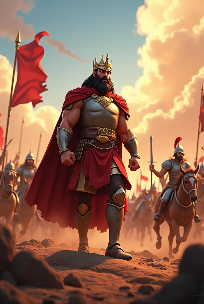 In cinematic 3d cartoon style' 4. **In Battle:**
   - **Description:** A dynamic battlefield scene with King Vardhan leading his soldiers. The image shows a fierce fight with clashing armies, but focuses on Vardhan's courage and leadership. The background features chaotic yet structured combat, with Vardhan’s commanding presence central.