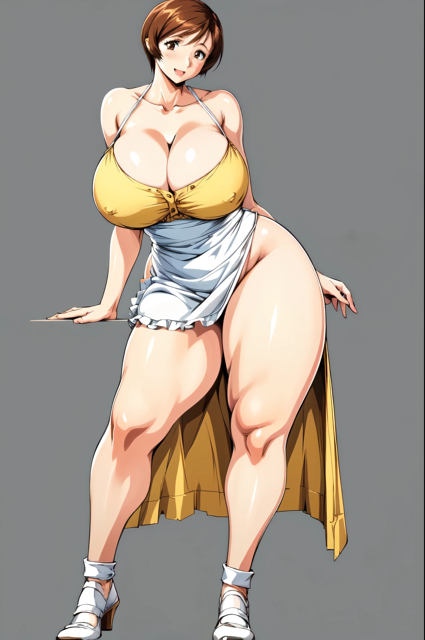 masterpiece, Highest quality, High resolution, One girl, alone, sexual intercourse, Pornographic images, short hair, etsukoto, Brown eyes, fine grain, fine grain, (white skin color), (((Thick thighs, Plump thighs, Voluptuous thighs, Thighs alone are enough))), ((Huge and enough breasts, Cleavage, Big long breasts)), Naughty big,((Big breasts are important))、((Naughty thighs)), L Cup, (thin:1.4),(Tight waist:1.4), (Yellow Dress:1.4), ((white waist apron)), White panties, (((Simple Background))), smile, Open your mouth, ((Wide Hips)), (Shiny skin, Oily skin), Mature mother, Calf, Seductive mature woman, Mature Woman, Perfect body, Plus Size Model, Curvy, enough, etsukoto, blush, clavicle, retro artstyle, 1990s (style), (Thick thighs:1.4), (from side:0.9), (standing), (((spread legs))), ((bare legs)), full body shot,