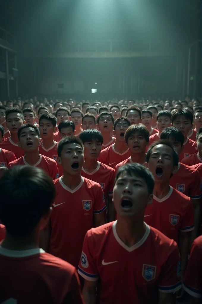 I would like you to make a big dark room with a crowd of shocked Asian football players