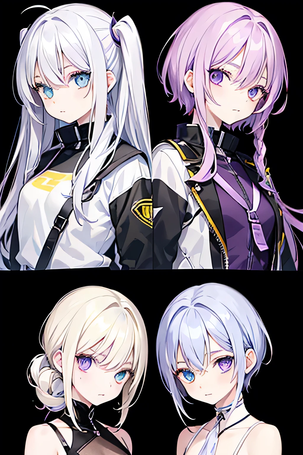 Create an image featuring two anime-style characters, both around , each with white hair and heterochromia (different-colored eyes). The first character has her left eye purple and her right eye yellow, while the second character has her left eye yellow and her right eye purple. Both characters have youthful, yet distinct appearances with delicate facial features and expressive eyes.