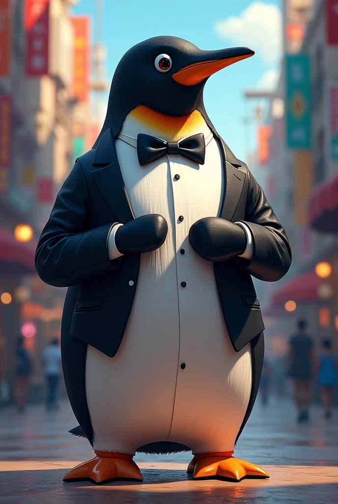 Tux suit adjusting tie. Tux is the penguin of Linux. colorfully