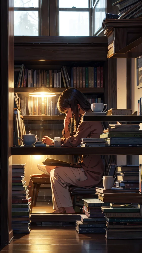 A study environment lit only by candles or soft lights, with stacked books, a cup of tea, a cat sleeping in the background, rain falling on the window and a girl working on a project.