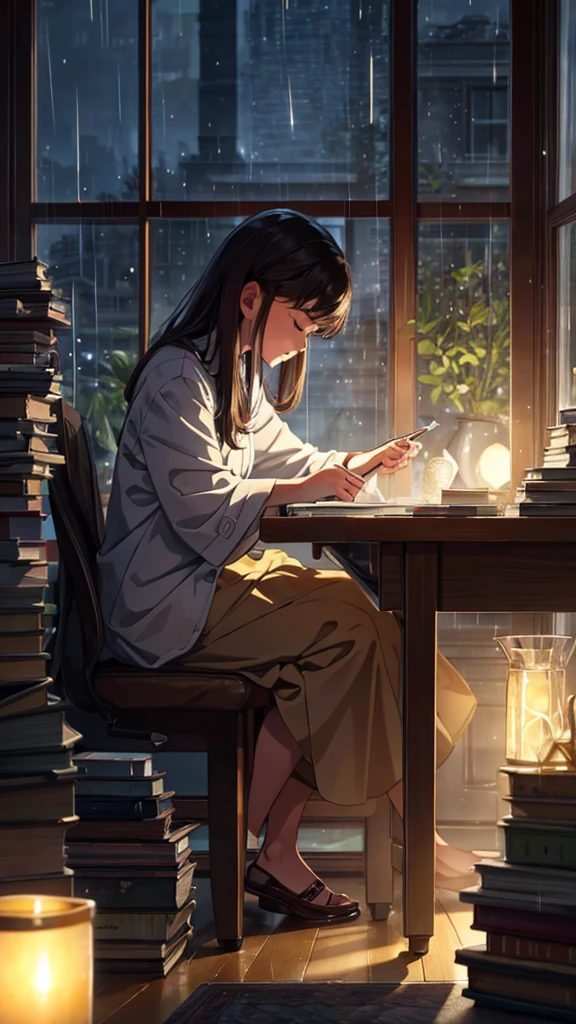 A study environment lit only by candles or soft lights, with stacked books, a cup of tea, a cat sleeping in the background, rain falling on the window and a girl working on a project.