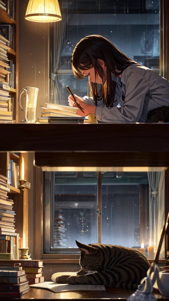 A study environment lit only by candles or soft lights, with stacked books, a cup of tea, a cat sleeping in the background, rain falling on the window and a girl working on a project.