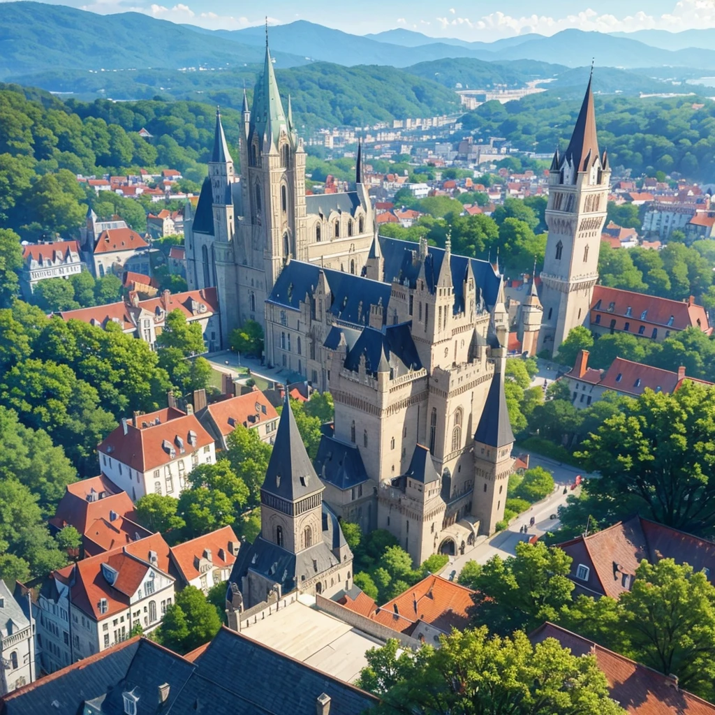 Scene of a beautiful castle and a city   