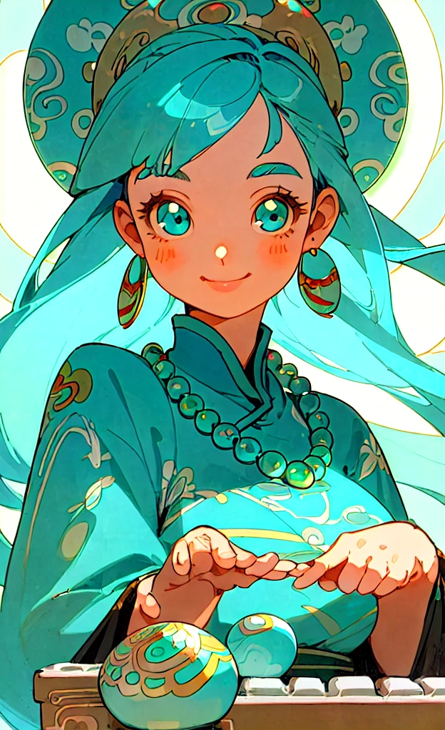 masterpiece, best quality, Extremely detailed, illustration,(1 Girl),Beautiful and delicate eyes, Looking at the audience, (Hold the keyboard), Happy, (Turquoise colored hair:1), (Blue round eyes:1), (Round Earrings), (Large turquoise gemstone necklace), Cute round face, Long hair, Smile, Fantasy Chinese Clothing