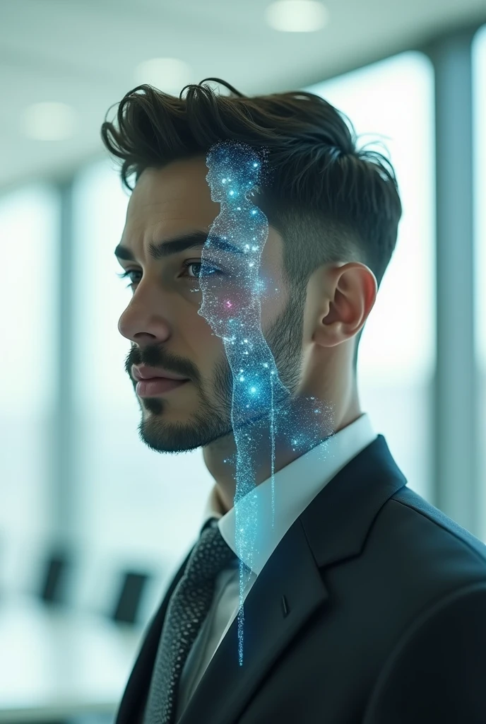 high qualiy, 8k Ultra HD, A beautiful double exposure that combines a goddess silhouette with her incorporated details, man in suit with handsome detailed face, background of an office