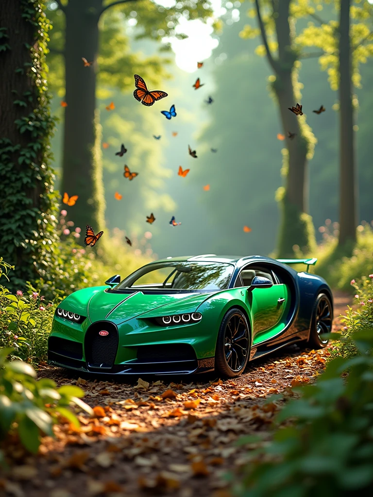 the Green Bugatti La Voiture Noire in an enchanted forest, surrounded by vibrant flowers, leaves, and butterflies. The scene captures the magical atmosphere you imagined.