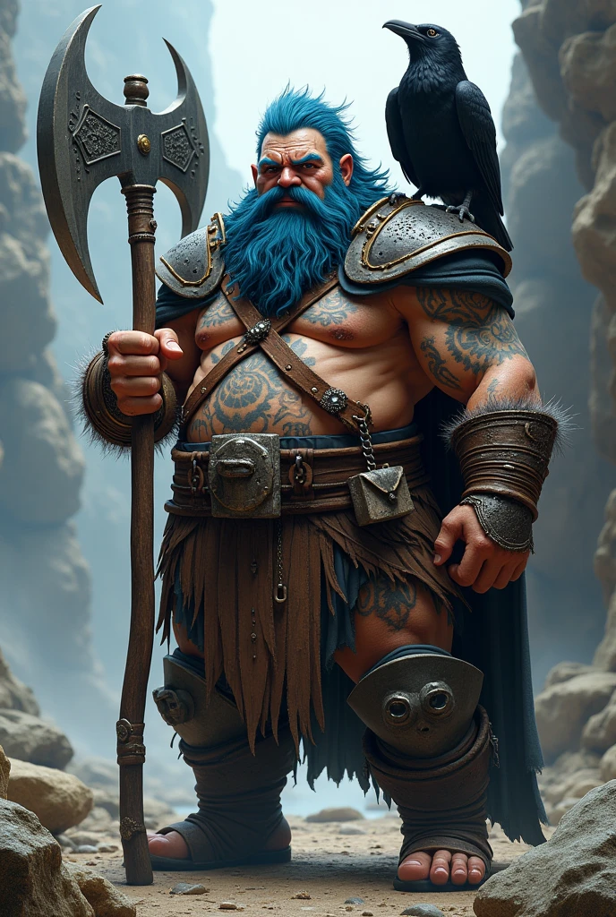 Dwarf 25 years old, tatuados, holding a giant axe with big blue hair full of scars With a raven on his shoulder