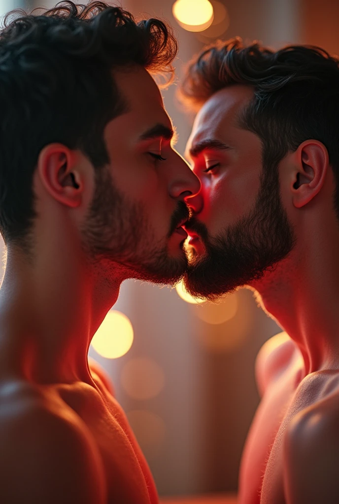 Create the image of a hot man with his hard penis and another hot man licking the other's penis and animate