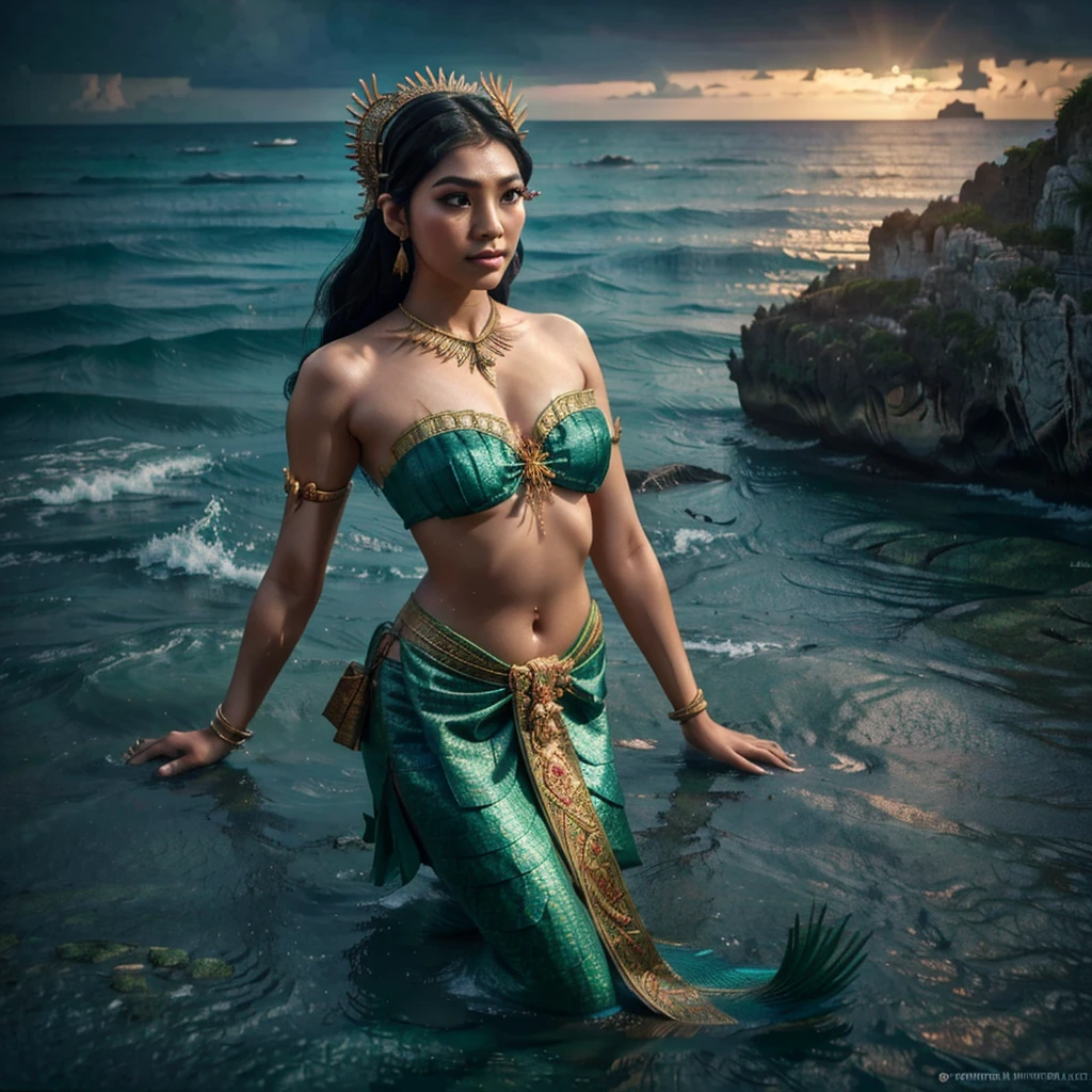 a Thai female mermaid, black hair, upper body is human, lower body is green fish tail, swimming in the sea, wearing thai ancient traditional cloth, half body visible above ocean, no headdress, limestone rock, coral, view from sea floor, beautiful detailed eyes, beautiful detailed lips, long eyelashes, extremely detailed anatomy, hyper realistic, masterpiece, 8k, high quality, volumetric lighting, photorealistic, cinematic lighting, dramatic lighting, vibrant colors, intricate details